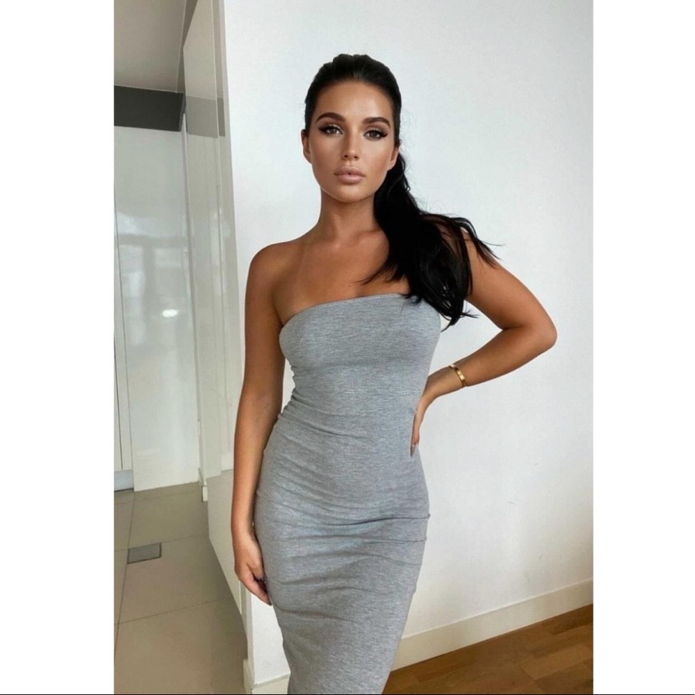 Gray Strapless Bodycon Pencil Midi Dress Sundress - Picture 7 of 12